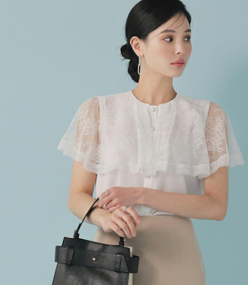 レースケープブラウス・全2色・t00270 レディース 【bl】ブラウス トップス 半袖 レース 柄 模様 単色 フェイクパール ボタン 透け感 シアー 上品 フェミニン きれいめ ケープ 花柄 シースルー 春 夏 韓国ファッション ハイホリHIHOLLI