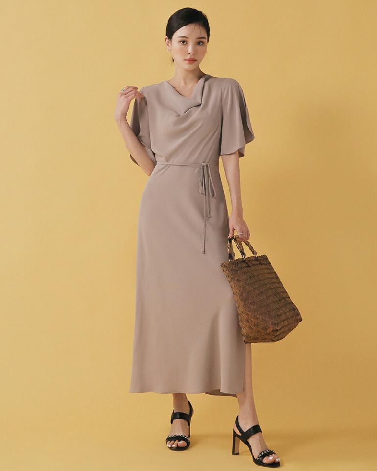 ストラップ付ドレープスリットロングワンピース・全3色・t00276 レディース 【ops】ワンピース 半袖 ロング丈 単色 無地 シンプル ストラップ スリット パステル オフィス フェミニン フレア 二の腕カバー 結婚式 学校行事 春 夏 韓国ファッション ハイホリHIHOLLI