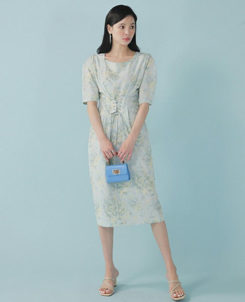 ストラップ付フラワーロングワンピース・全3色・t00277 レディース 【ops】ワンピース ロング丈 半袖 花柄 模様 柄 パステル ストラップ ウエストマーク レースアップ 上品 フェミニン ガーリー 春 夏 韓国ファッション ハイホリHIHOLLI