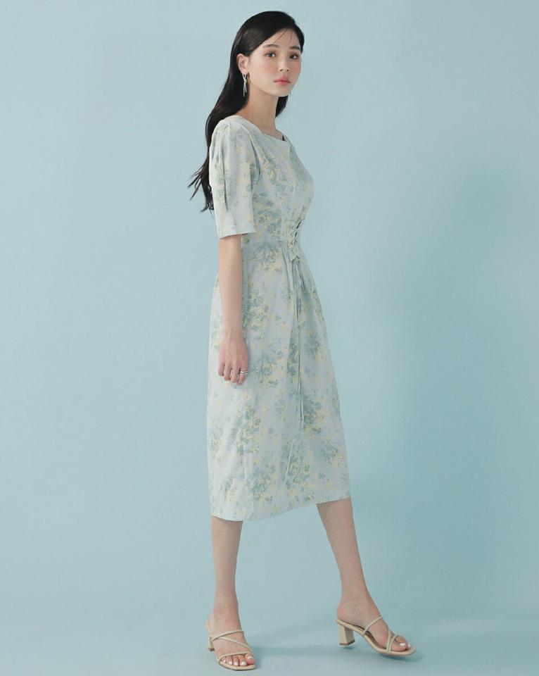 ストラップ付フラワーロングワンピース・全3色・t00277 レディース 【ops】ワンピース ロング丈 半袖 花柄 模様 柄 パステル ストラップ ウエストマーク レースアップ 上品 フェミニン ガーリー 春 夏 韓国ファッション ハイホリHIHOLLI