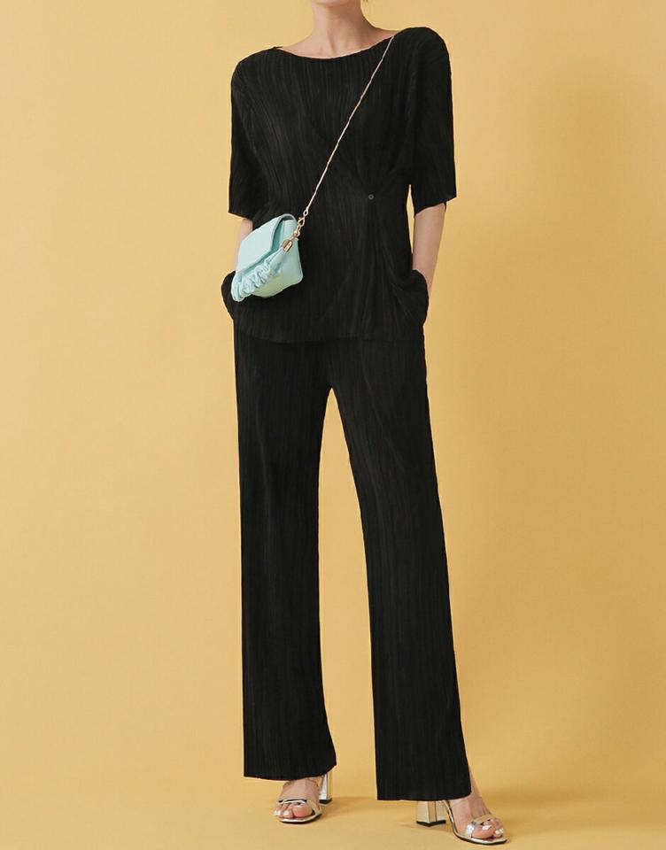 3WAYプリーツTシャツ&パンツSET・全2色・t00278 レディース 【pt】セットアップ セット setup パンツ ロング丈 無地 シンプル トップス 半袖 Tシャツ プリーツ プリーツパンツ 体型カバー 春 夏 カジュアル 大人っぽ 韓国ファッション ハイホリHIHOLLI