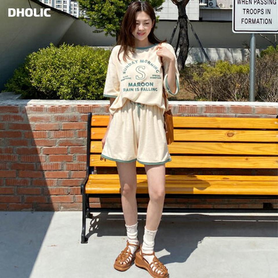 タオルレタリングTシャツ&ショートパンツSET・全4色・t67021 レディース 【pt】セットアップ setup トップス Tシャツ 半袖 ロゴT ロゴ ショートパンツ パンツ ズボン 配色 カジュアル ラフ 楽ちん ユニーク 黄色 春 夏 韓国ファッション