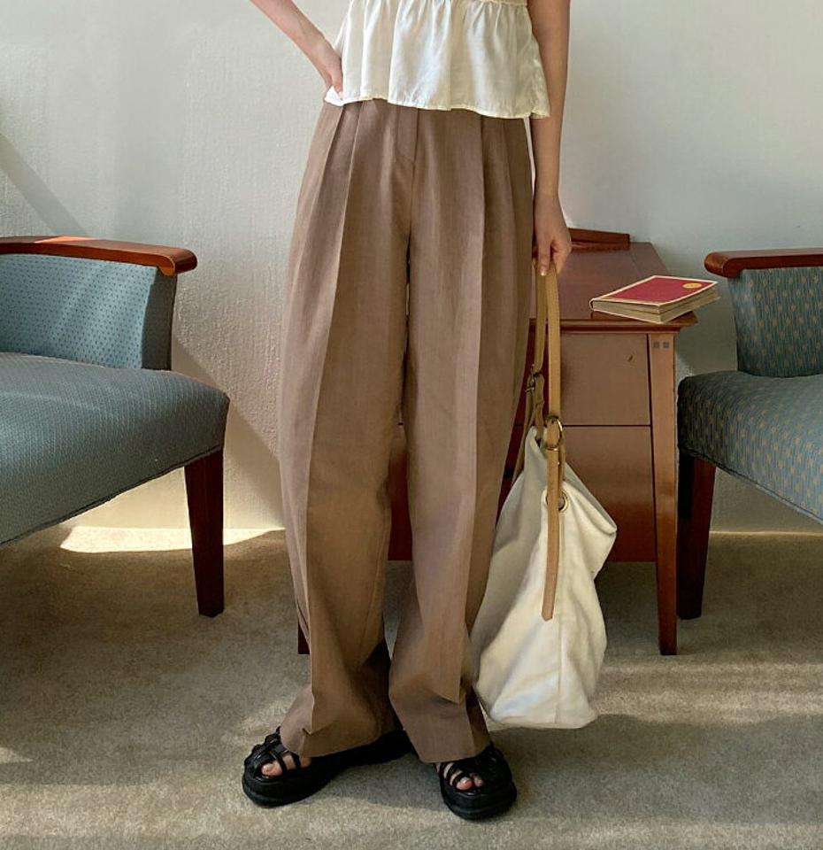 リネン混ワイドスラックス・全3色・t67018 レディース 【pt】スラックス パンツ ズボン ロングパンツ ワイドパンツ リネン 無地 シンプル ベーシック 大人 オフィスカジュアル きれいめ パステル ハイウエスト 紫 カラーパンツ 春 夏 韓国ファッション