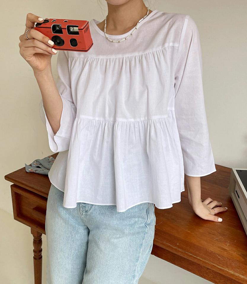 ティアードフレアブラウス・全4色・t67198 レディース 【bl】トップス ブラウス 七分袖 七分丈 7分袖 7分丈 ティアード フレアトップス 体型カバー ふんわり ナチュラル 単色 無地 シンプル 大人 カジュアル ホワイト 白 春 秋 韓国ファッション