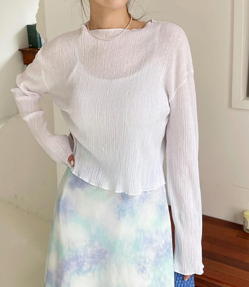 ボートネックプリーツブラウス・全4色・t67228 レディース 【bl】トップス ブラウス 長袖 プリーツ 単色 シンプル ボートネック カジュアル 雰囲気 クロップド丈 春 秋 韓国ファッション