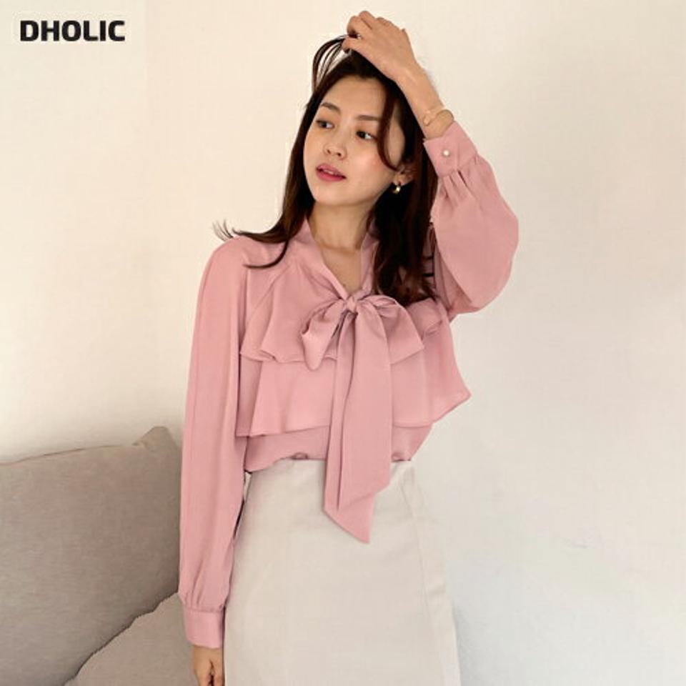 【スーパーセール特価】ネックリボンラッフルブラウス・全3色・b67229 レディース 【bl】トップス ブラウス 長袖 ラッフル フリル 襟コン りぼん パフ袖 パフスリーブ フェミニン 単色 無地 きれいめ オフィスカジュアル ギャザー ピンク パステル 春 秋 韓国ファッション
