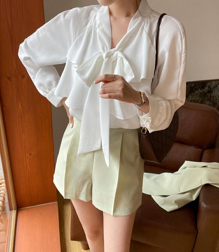 【スーパーセール特価】ネックリボンラッフルブラウス・全3色・b67229 レディース 【bl】トップス ブラウス 長袖 ラッフル フリル 襟コン りぼん パフ袖 パフスリーブ フェミニン 単色 無地 きれいめ オフィスカジュアル ギャザー ピンク パステル 春 秋 韓国ファッション