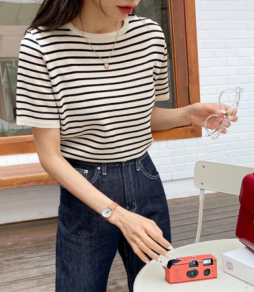 ラウンドボーダーニット・全4色・b67192 レディース 【tops】トップス ニット 半袖 ボーダー柄 カジュアル ラフ ラウンドネック アクリルニット 春 夏 韓国ファッション