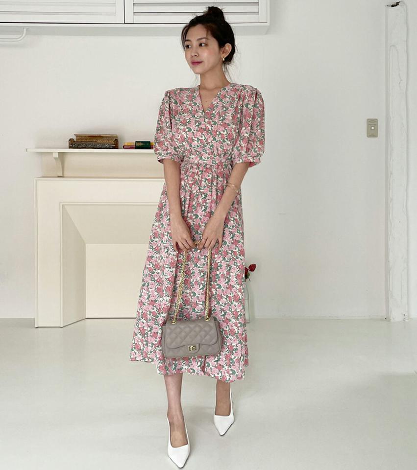 【10%OFF】フラワーリボンカシュクールワンピース・全2色・b67203 レディース 【ops】ワンピース ロング丈 ロングワンピース 半袖 ハーフスリーブ カシュクール 花柄 レトロ かわいい 可愛い 大人 りぼん ピンク ギャザー フレア 春 夏 韓国ファッション opsセール