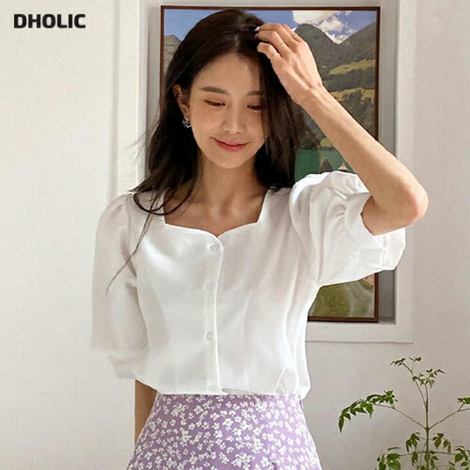 ハートネックパフブラウス・全4色・t67194 レディース 【bl】トップス ブラウス 半袖 ハーフスリーブ パフ袖 パフスリーブ ハートネック デコルテ 鎖骨 単色 無地 シンプル かわいい 可愛い ガーリー オフィスカジュアル 春 夏 秋 韓国ファッション