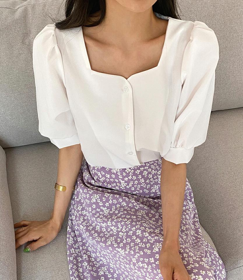 ハートネックパフブラウス・全4色・t67194 レディース 【bl】トップス ブラウス 半袖 ハーフスリーブ パフ袖 パフスリーブ ハートネック デコルテ 鎖骨 単色 無地 シンプル かわいい 可愛い ガーリー オフィスカジュアル 春 夏 秋 韓国ファッション