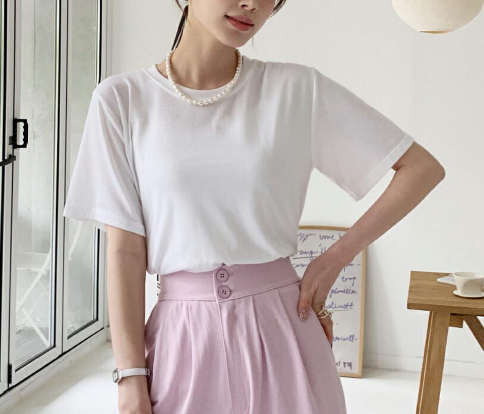 ラウンドネック半袖Tシャツ・全8色・b00440 レディース 【tops】トップス 半袖 Tシャツ 単色 無地 シンプル ベーシック パステル カラバリ カラーアイテム 楽ちん ラフ 春 夏 カジュアル 韓国ファッション ハイホリHIHOLLI