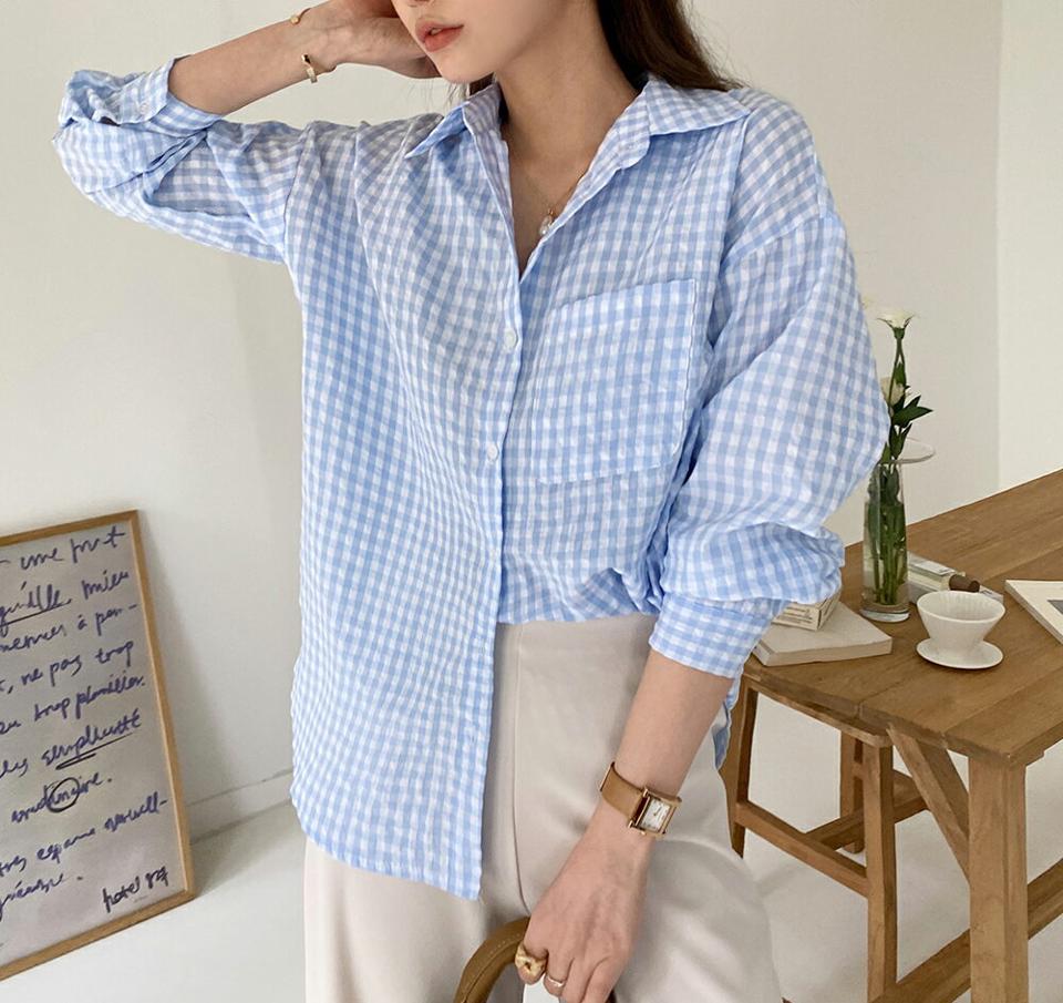 パステルチェックシャツ・全4色・t00454 レディース 【bl】シャツ トップス 長袖 襟 ボタン チェック 柄 模様 パステル 爽やか ギンガムチェック カジュアル 春 夏 ドロップショルダー ラフ 可愛い かわいい 韓国ファッション ハイホリHIHOLLI