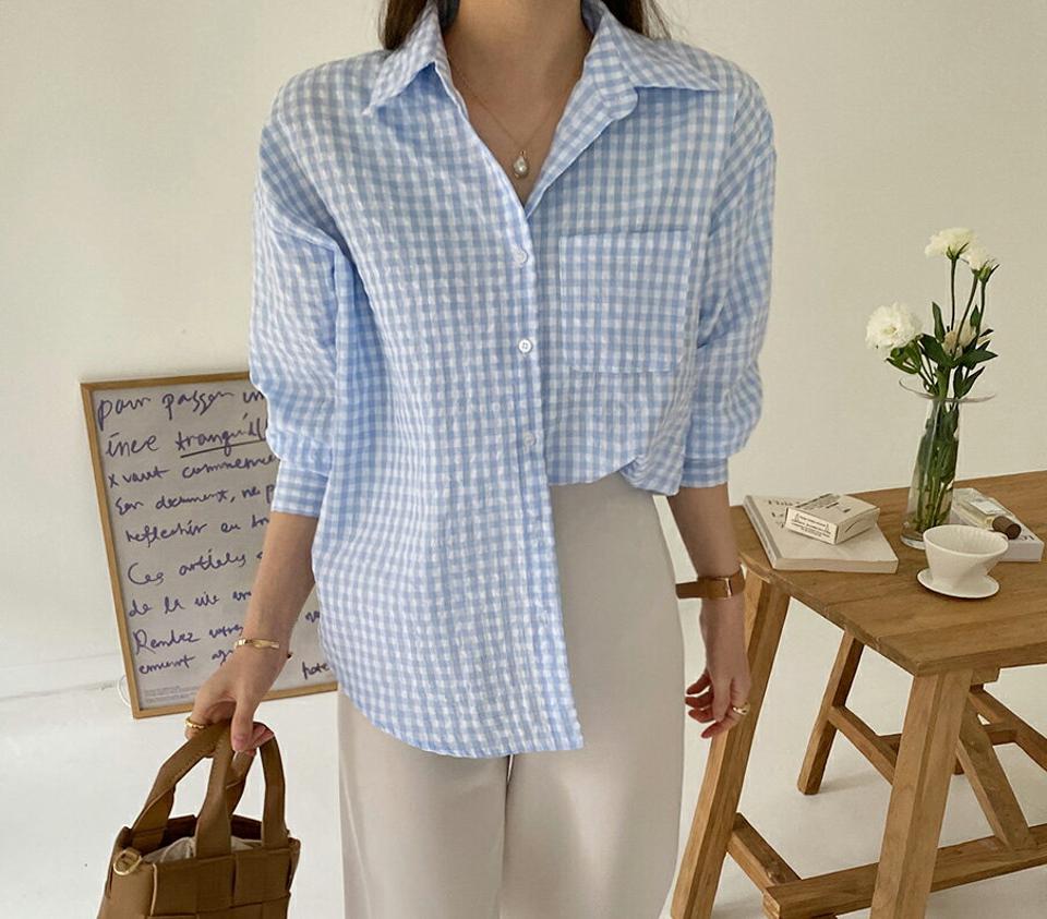 パステルチェックシャツ・全4色・t00454 レディース 【bl】シャツ トップス 長袖 襟 ボタン チェック 柄 模様 パステル 爽やか ギンガムチェック カジュアル 春 夏 ドロップショルダー ラフ 可愛い かわいい 韓国ファッション ハイホリHIHOLLI
