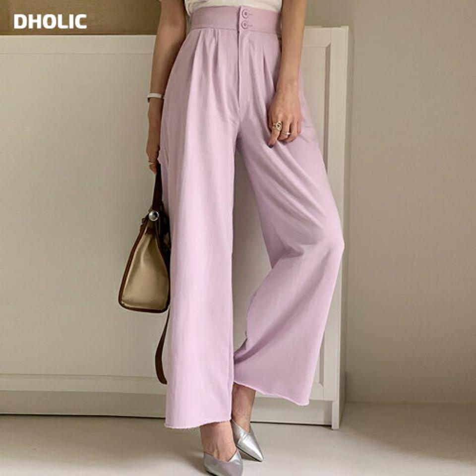 ダブルボタンコットンワイドパンツ・全3色・t00464 レディース 【pt】パンツ 単色 無地 シンプル ベーシック パステル ロング丈 パステル ワイド ボタン カラーパンツ コットン 綿 春 夏 秋 ハイウエスト ピンク カジュアル フェミニン 韓国ファッション ハイホリHIHOLLI