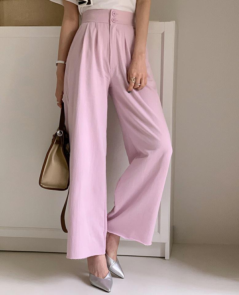 ダブルボタンコットンワイドパンツ・全3色・t00464 レディース 【pt】パンツ 単色 無地 シンプル ベーシック パステル ロング丈 パステル ワイド ボタン カラーパンツ コットン 綿 春 夏 秋 ハイウエスト ピンク カジュアル フェミニン 韓国ファッション ハイホリHIHOLLI