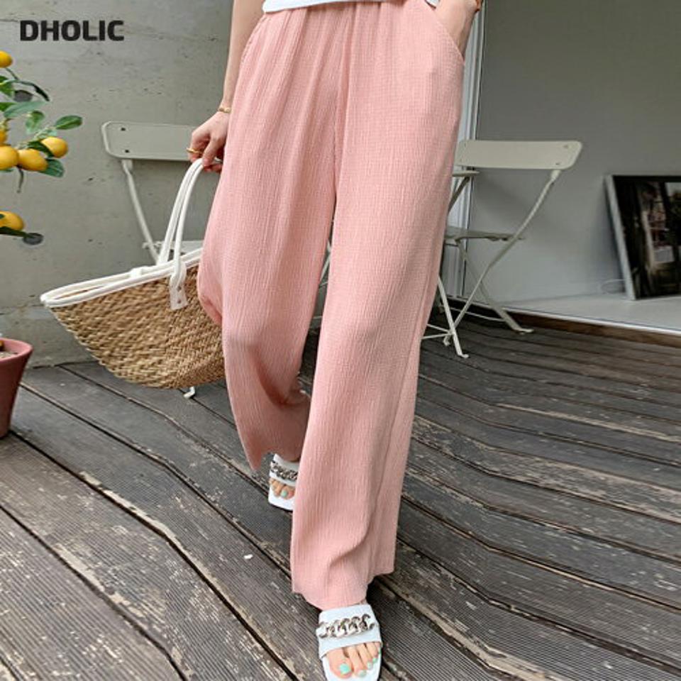 ウエストゴムテクスチャーワイドパンツ・全4色・t00466 レディース 【pt】パンツ ロング丈 単色 無地 シンプル ワイド パステル ウエストゴム カラーパンツ 楽ちん ラフ ワンマイルウェア ピンク ハイウエスト 春 夏 韓国ファッション ハイホリHIHOLLI