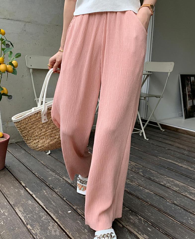 ウエストゴムテクスチャーワイドパンツ・全4色・t00466 レディース 【pt】パンツ ロング丈 単色 無地 シンプル ワイド パステル ウエストゴム カラーパンツ 楽ちん ラフ ワンマイルウェア ピンク ハイウエスト 春 夏 韓国ファッション ハイホリHIHOLLI
