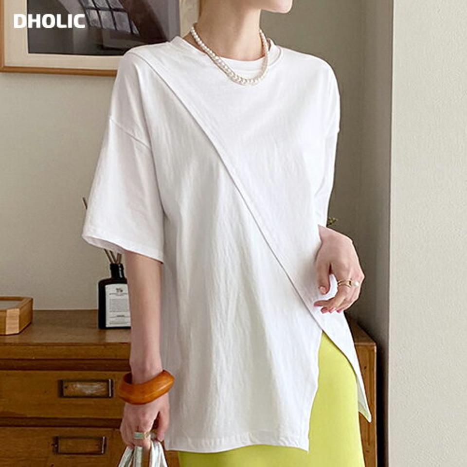 ダイアゴナルスリットTシャツ・全5色・b72184 レディース 【tops】トップス Tシャツ 半袖 単色 無地 シンプル ベーシック スリット 大人っぽ カジュアル 体型カバー 楽ちん ラフ 春 夏 韓国ファッション ハイホリHIHOLLI