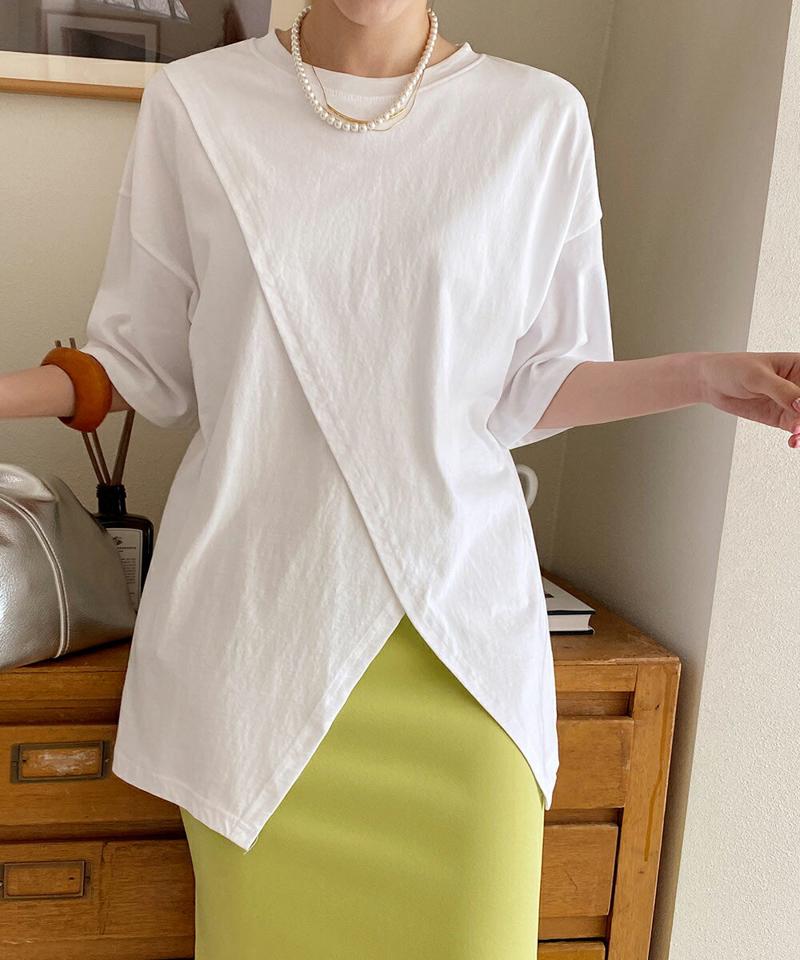 ダイアゴナルスリットTシャツ・全5色・b72184 レディース 【tops】トップス Tシャツ 半袖 単色 無地 シンプル ベーシック スリット 大人っぽ カジュアル 体型カバー 楽ちん ラフ 春 夏 韓国ファッション ハイホリHIHOLLI