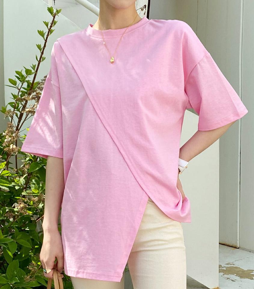 ダイアゴナルスリットTシャツ・全5色・b72184 レディース 【tops】トップス Tシャツ 半袖 単色 無地 シンプル ベーシック スリット 大人っぽ カジュアル 体型カバー 楽ちん ラフ 春 夏 韓国ファッション ハイホリHIHOLLI