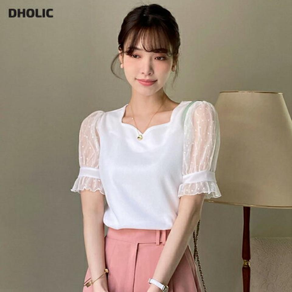 メッシュドットスリーブブラウス・全3色・t72186 レディース 【bl】ブラウス トップス 半袖 異素材 メッシュ ドット 柄 模様 パフスリーブ パフ袖 フェミニン 二の腕カバー ハートネック 春 夏 かわいい 可愛い 韓国ファッション ハイホリHIHOLLI