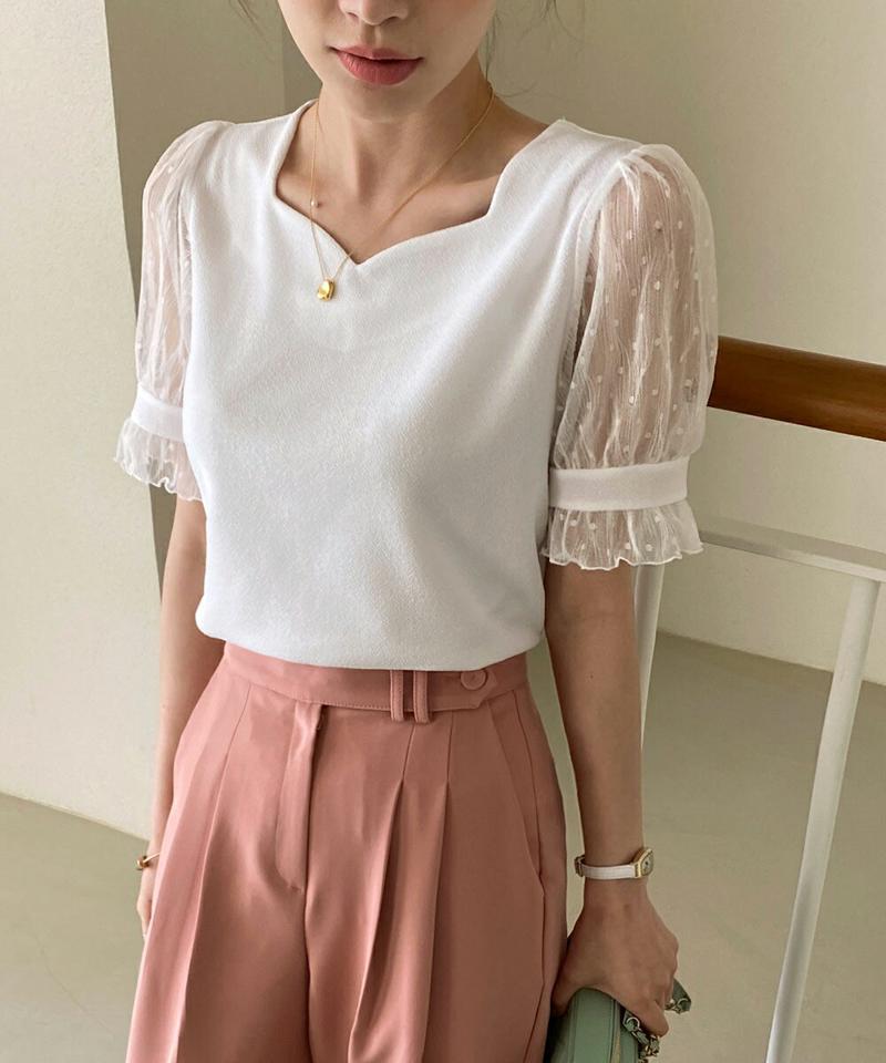 メッシュドットスリーブブラウス・全3色・t72186 レディース 【bl】ブラウス トップス 半袖 異素材 メッシュ ドット 柄 模様 パフスリーブ パフ袖 フェミニン 二の腕カバー ハートネック 春 夏 かわいい 可愛い 韓国ファッション ハイホリHIHOLLI