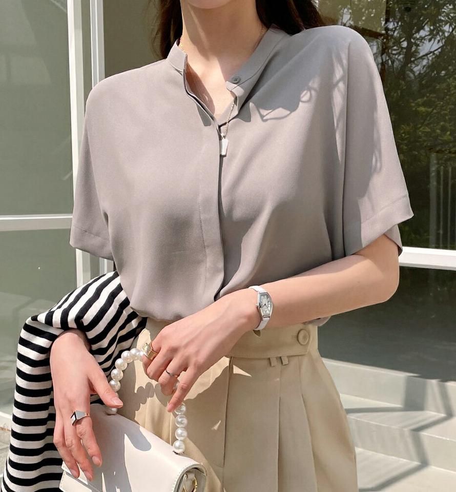 【10%OFF】ルーズフィットボタンブラウス・全4色・b72190 レディース 【bl】ブラウス トップス 半袖 単色 無地 シンプル ベーシック オフィスカジュアル ルーズフィット ボタン 春 夏 きれいめ フェミニン 上品 大人っぽ 韓国ファッション ハイホリHIHOLLI セール SALE