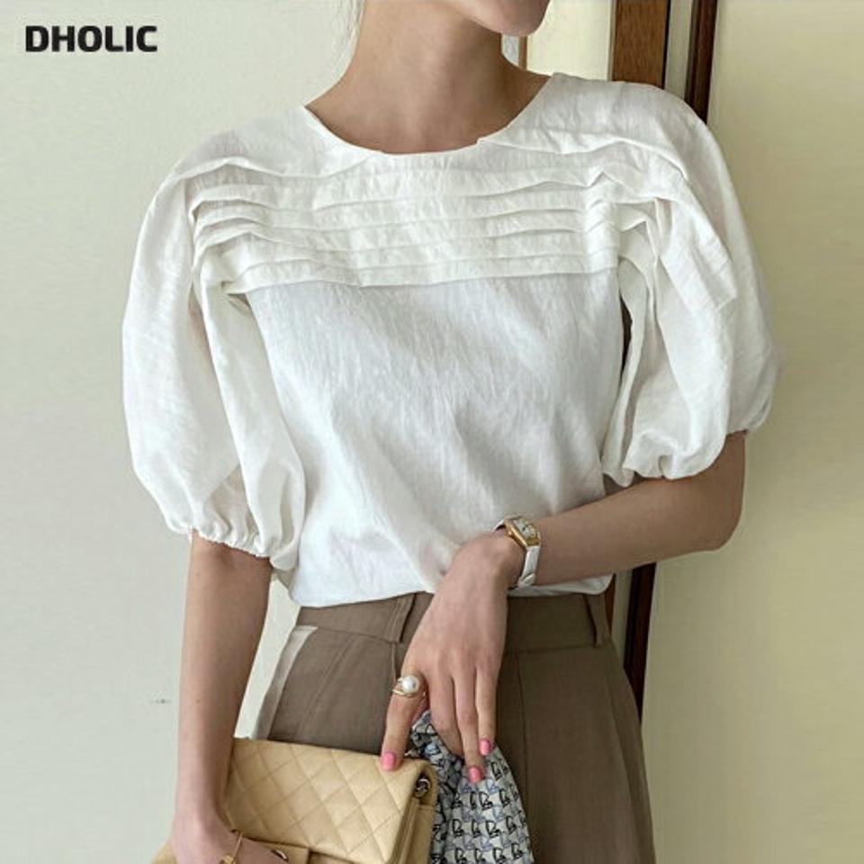 ピンタックパフスリーブブラウス・全4色・b72191 レディース 【bl】ブラウス トップス 半袖 単色 無地 シンプル ベーシック パフ袖 パフスリーブ 春 夏 二の腕カバー カジュアル フェミニン 楽ちん 体型カバー 韓国ファッション ハイホリHIHOLLI