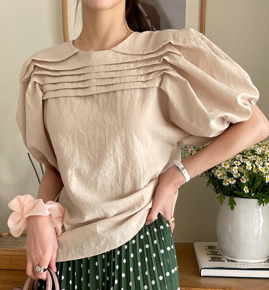 ピンタックパフスリーブブラウス・全4色・b72191 レディース 【bl】ブラウス トップス 半袖 単色 無地 シンプル ベーシック パフ袖 パフスリーブ 春 夏 二の腕カバー カジュアル フェミニン 楽ちん 体型カバー 韓国ファッション ハイホリHIHOLLI