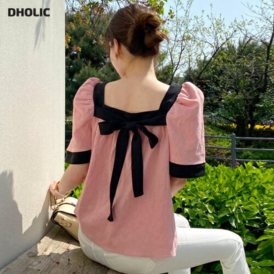 2WAYリボン配色ブラウス・全4色・t72193 レディース 【tops】トップス 半袖 配色 柄 模様 リボン バックシャン 2WAY 前後着用 リネン混 ギャザー スクエアネック 鎖骨 デコルテ 春 夏 ピンク フェミニン カジュアル 韓国ファッション ハイホリHIHOLLI