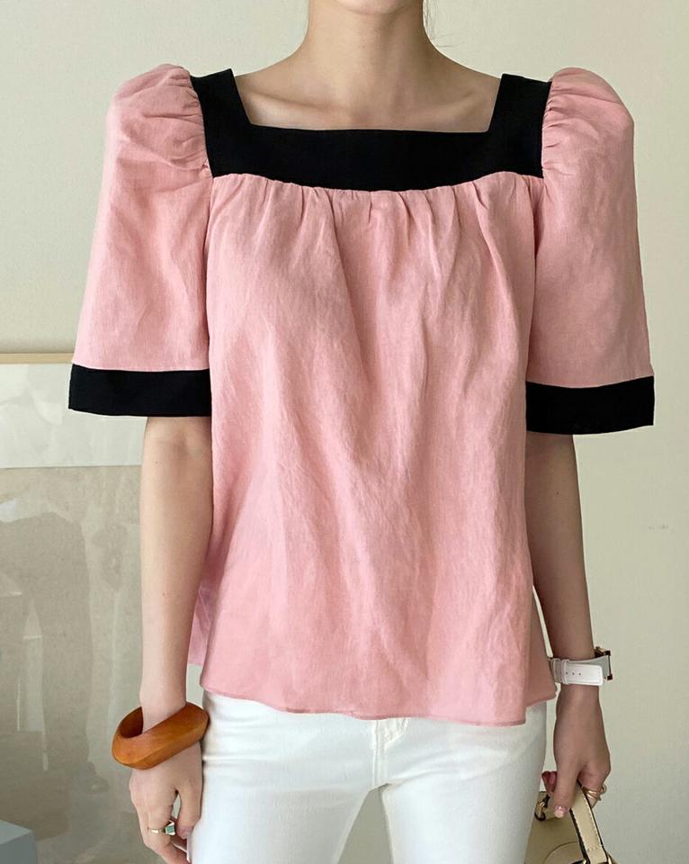 2WAYリボン配色ブラウス・全4色・t72193 レディース 【tops】トップス 半袖 配色 柄 模様 リボン バックシャン 2WAY 前後着用 リネン混 ギャザー スクエアネック 鎖骨 デコルテ 春 夏 ピンク フェミニン カジュアル 韓国ファッション ハイホリHIHOLLI