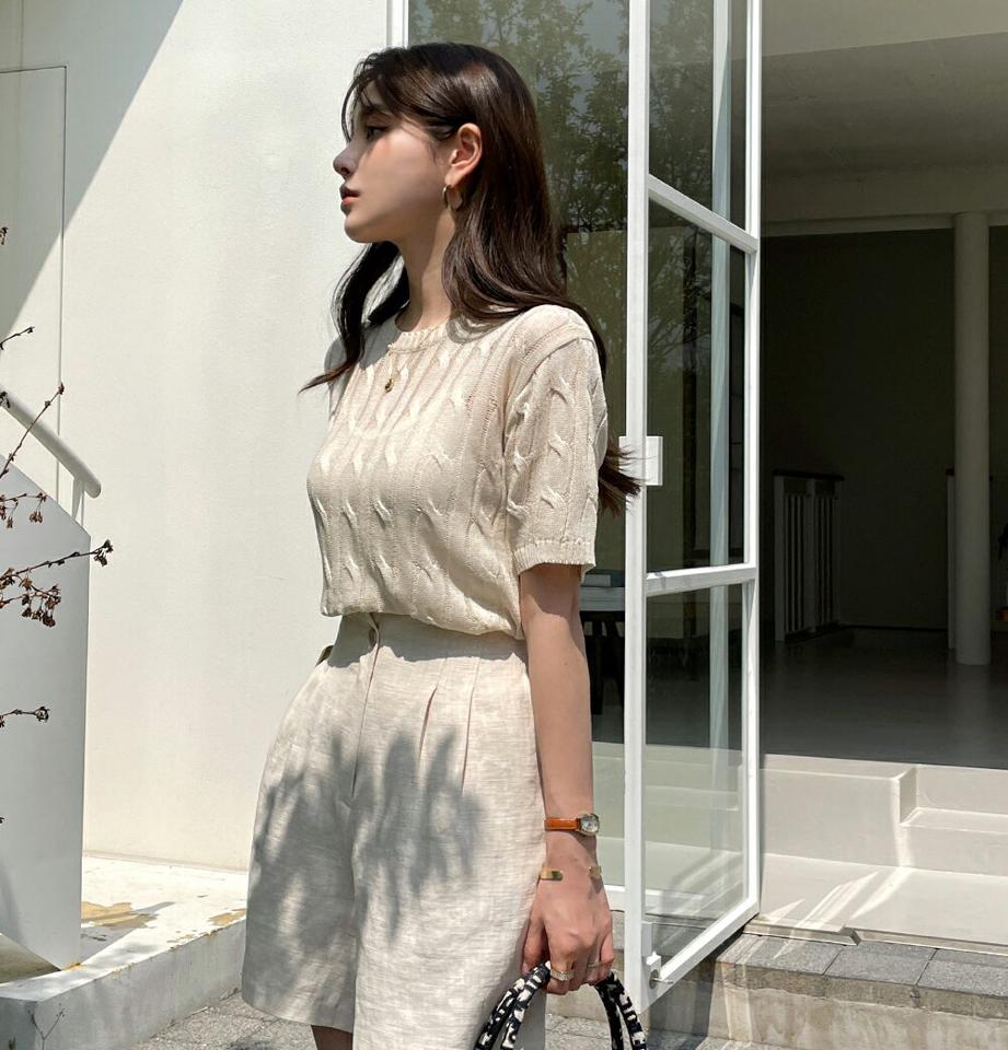 ツイスト半袖ニット・全4色・b72194 レディース 【tops】トップス ニット 半袖 単色 ツイスト 柄 模様 楽ちん 春 夏 かわいい 可愛い カジュアル ガーリー フェミニン パステル 韓国ファッション ハイホリHIHOLLI