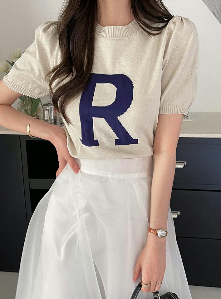 Rロゴラウンドニット・全3色・b72195 レディース 【tops】トップス 半袖 ロゴ ロゴT ニット 配色 モノトーン 模様 ラフ カジュアル 春 夏 ラウンドネック かわいい 可愛い ブラック 黒 サマーニット 韓国ファッション ハイホリHIHOLLI