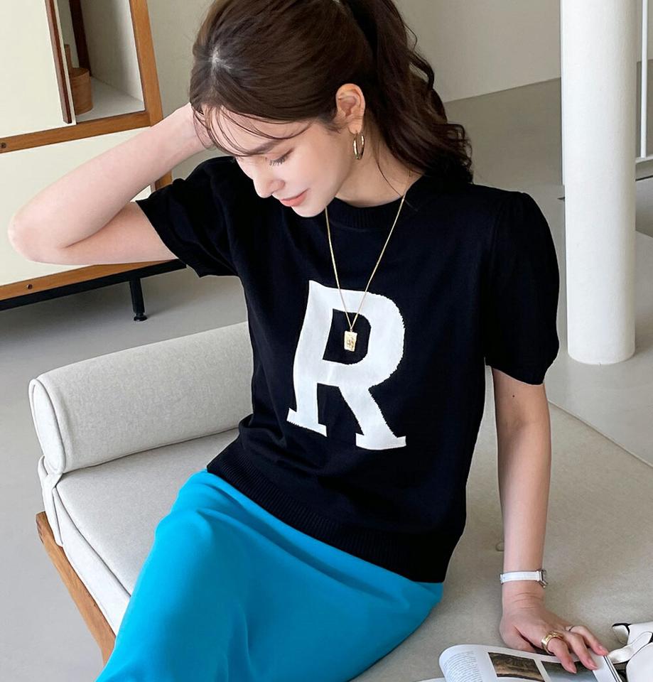 Rロゴラウンドニット・全3色・b72195 レディース 【tops】トップス 半袖 ロゴ ロゴT ニット 配色 モノトーン 模様 ラフ カジュアル 春 夏 ラウンドネック かわいい 可愛い ブラック 黒 サマーニット 韓国ファッション ハイホリHIHOLLI