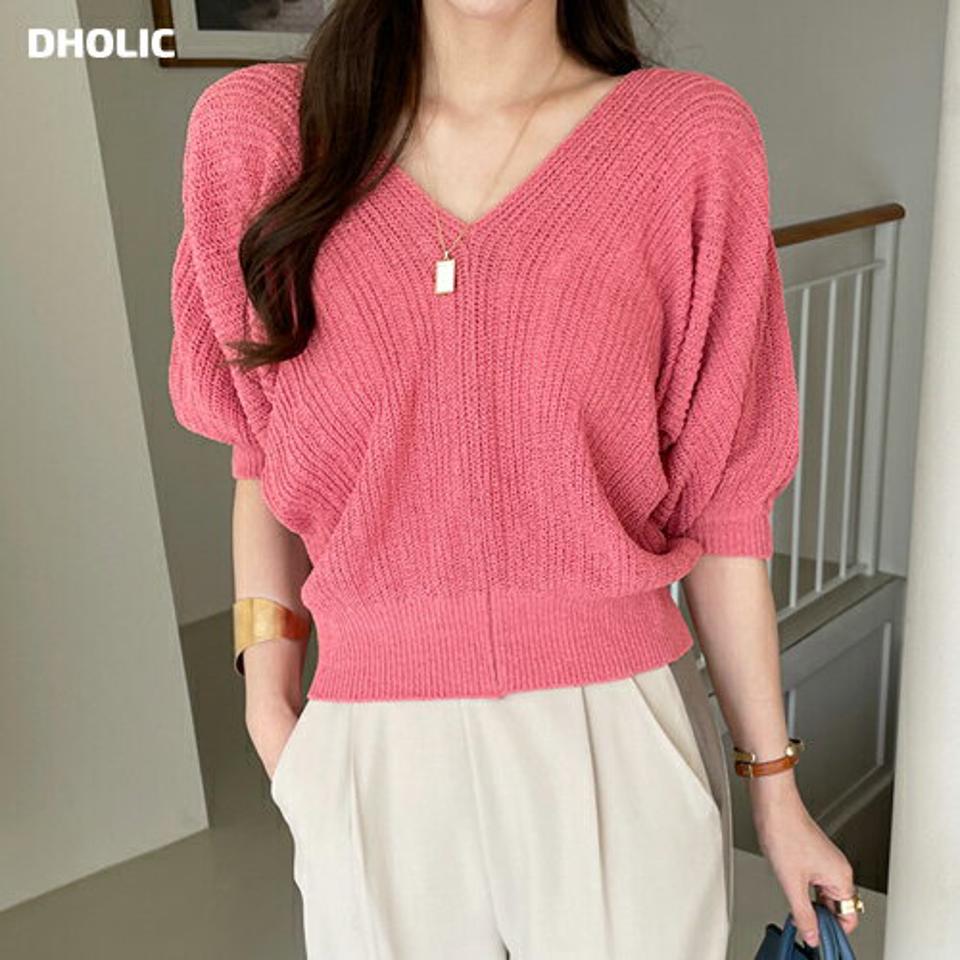 【マラソン特価】クロップドルーズフィットニット・全3色・b72197 レディース 【tops】トップス ニット 単色 無地 シンプル 五分丈 5分丈 Vネック 鎖骨 デコルテ 体型カバー ゆったり クロップド丈 春 夏 フェミニン ピンク 韓国ファッション ハイホリHIHOLLI
