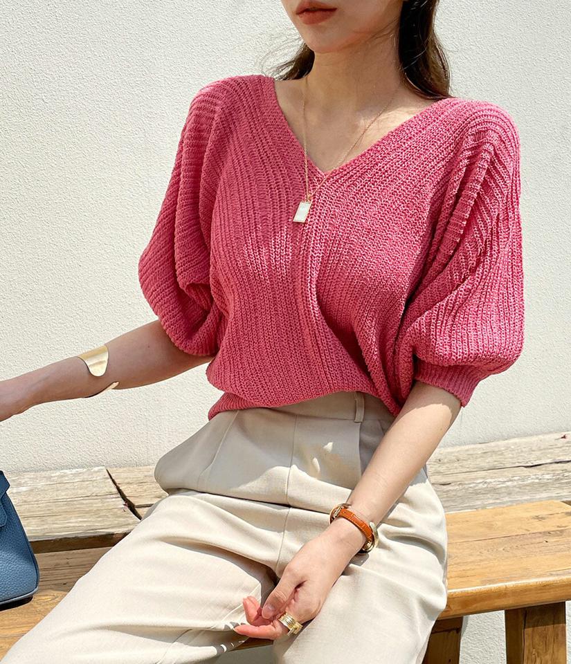 【マラソン特価】クロップドルーズフィットニット・全3色・b72197 レディース 【tops】トップス ニット 単色 無地 シンプル 五分丈 5分丈 Vネック 鎖骨 デコルテ 体型カバー ゆったり クロップド丈 春 夏 フェミニン ピンク 韓国ファッション ハイホリHIHOLLI