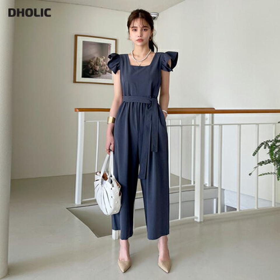 ストラップ付フリルオールインワン・全3色・t72200 レディース 【pt】オールインワン パンツ ロング丈 フレンチスリーブ フリル 単色 無地 ストラップ 楽ちん 体型カバー 春 夏 カジュアル フェミニン 韓国ファッション ハイホリHIHOLLI