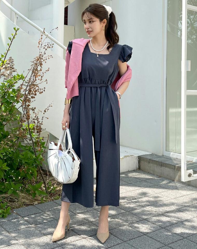 ストラップ付フリルオールインワン・全3色・t72200 レディース 【pt】オールインワン パンツ ロング丈 フレンチスリーブ フリル 単色 無地 ストラップ 楽ちん 体型カバー 春 夏 カジュアル フェミニン 韓国ファッション ハイホリHIHOLLI