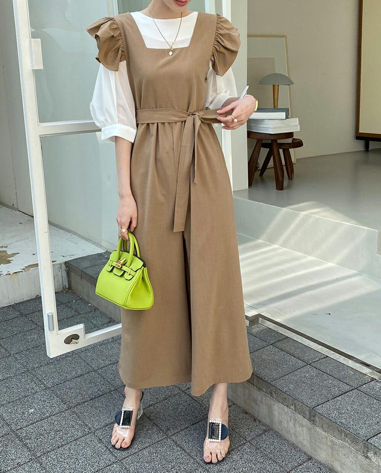 ストラップ付フリルオールインワン・全3色・t72200 レディース 【pt】オールインワン パンツ ロング丈 フレンチスリーブ フリル 単色 無地 ストラップ 楽ちん 体型カバー 春 夏 カジュアル フェミニン 韓国ファッション ハイホリHIHOLLI