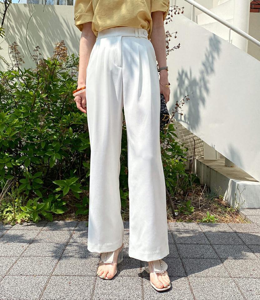 ツータックくるみボタンワイドスラックス・全4色・t72213 レディース 【pt】スラックス パンツ ロング丈 単色 無地 シンプル ベーシック 爽やか 春 夏 ボタン ワイド ハイウエスト 脚長 大人っぽ カジュアル 韓国ファッション ハイホリHIHOLLI