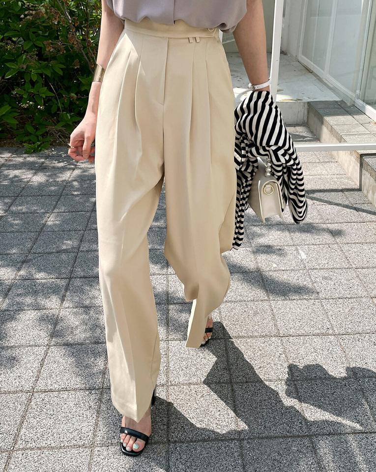 ツータックくるみボタンワイドスラックス・全4色・t72213 レディース 【pt】スラックス パンツ ロング丈 単色 無地 シンプル ベーシック 爽やか 春 夏 ボタン ワイド ハイウエスト 脚長 大人っぽ カジュアル 韓国ファッション ハイホリHIHOLLI