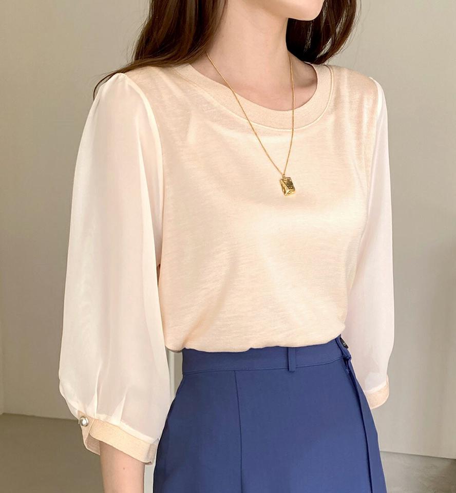 フェイクパールシフォンスリーブニット・全5色・b72271 レディース 【tops】トップス ニット 七分袖 七分丈 7分袖 7分丈 パール フェミニン 単色 シンプル きれいめ 上品 大人 オフィスカジュアル 異素材 春 秋 韓国ファッション ハイホリHIHOLLI