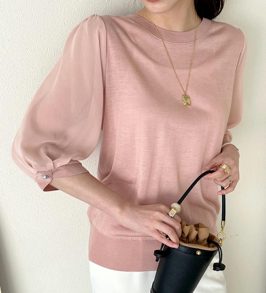 フェイクパールシフォンスリーブニット・全5色・b72271 レディース 【tops】トップス ニット 七分袖 七分丈 7分袖 7分丈 パール フェミニン 単色 シンプル きれいめ 上品 大人 オフィスカジュアル 異素材 春 秋 韓国ファッション ハイホリHIHOLLI