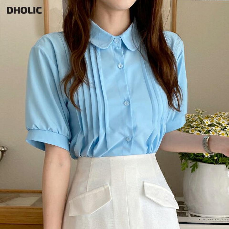 カラーネックピンタックブラウス・全4色・b72192 レディース 【bl】トップス ブラウス 半袖 ハーフスリーブ 襟 ピンタック パステル 水色 単色 シンプル パフ袖 パフスリーブ オフィスカジュル 春 夏 韓国ファッション ハイホリHIHOLLI