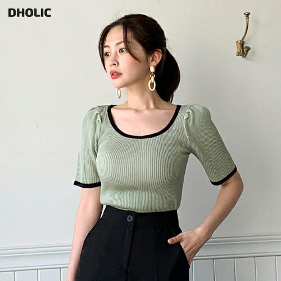 Uネック配色クロップドニット・全4色・t00547 レディース 【tops】韓国ファッション サマーニット トップス ニット 大人 半袖 Uネック 配色 クロップド丈 タック パフスリーブ シンプル フェミニン カジュアル ガーリー 黄緑 夏 春 秋