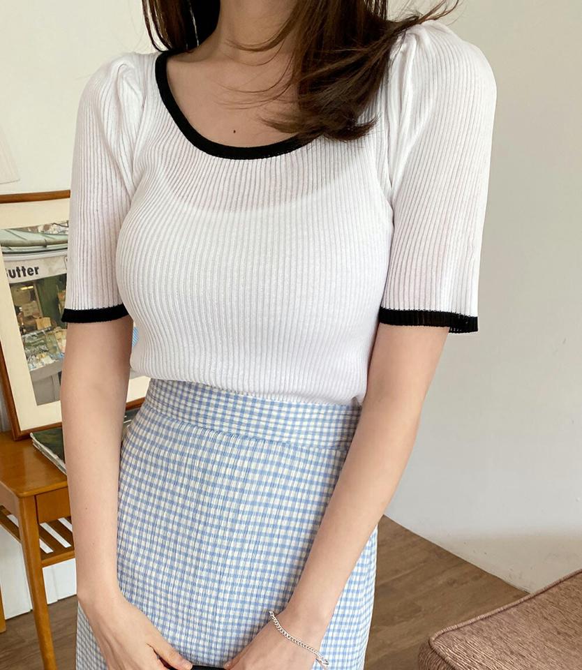 Uネック配色クロップドニット・全4色・t00547 レディース 【tops】韓国ファッション サマーニット トップス ニット 大人 半袖 Uネック 配色 クロップド丈 タック パフスリーブ シンプル フェミニン カジュアル ガーリー 黄緑 夏 春 秋