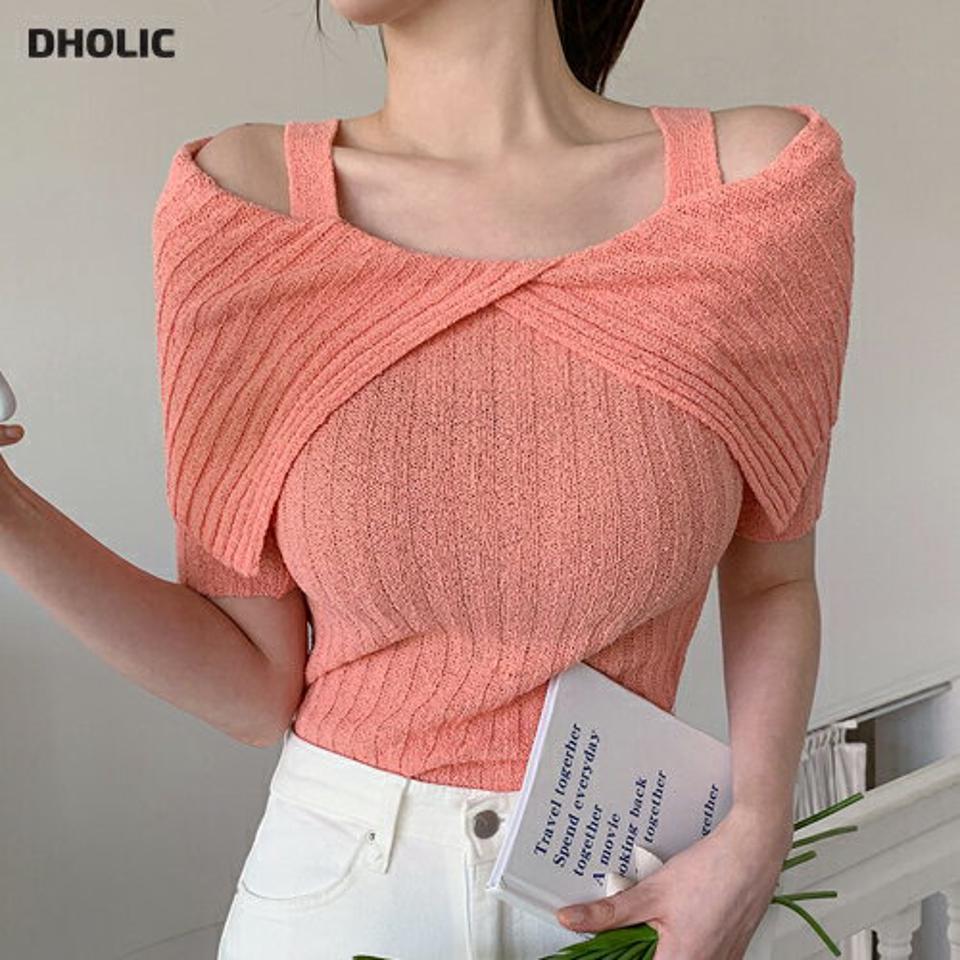 リブストラップオフショルニット・全5色・t00577 レディース 【tops】韓国ファッション トップス ニット 大人 半袖 ビッグカラー ストラップ オフショルダー スリット タイト スリム クロップド丈 シンプル フェミニン カジュアル ガーリー 夏 春 秋