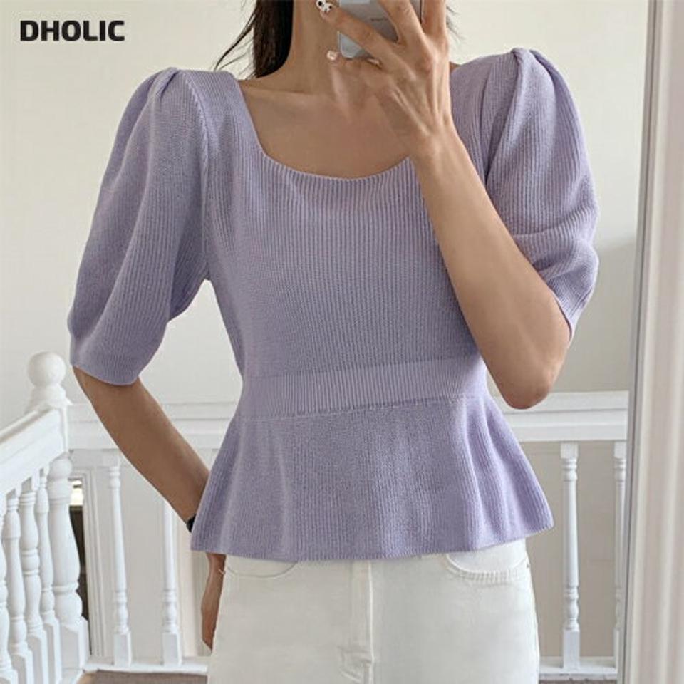 スクエアネックパフ半袖ニット・全3色・t00570 レディース 【tops】韓国ファッション サマーニット トップス ニット 半袖 スクエアネック パフスリーブ クロップド丈 デコルテ ペプラム 無地 シンプル フェミニン カジュアル デイリー 紫 夏 春 秋