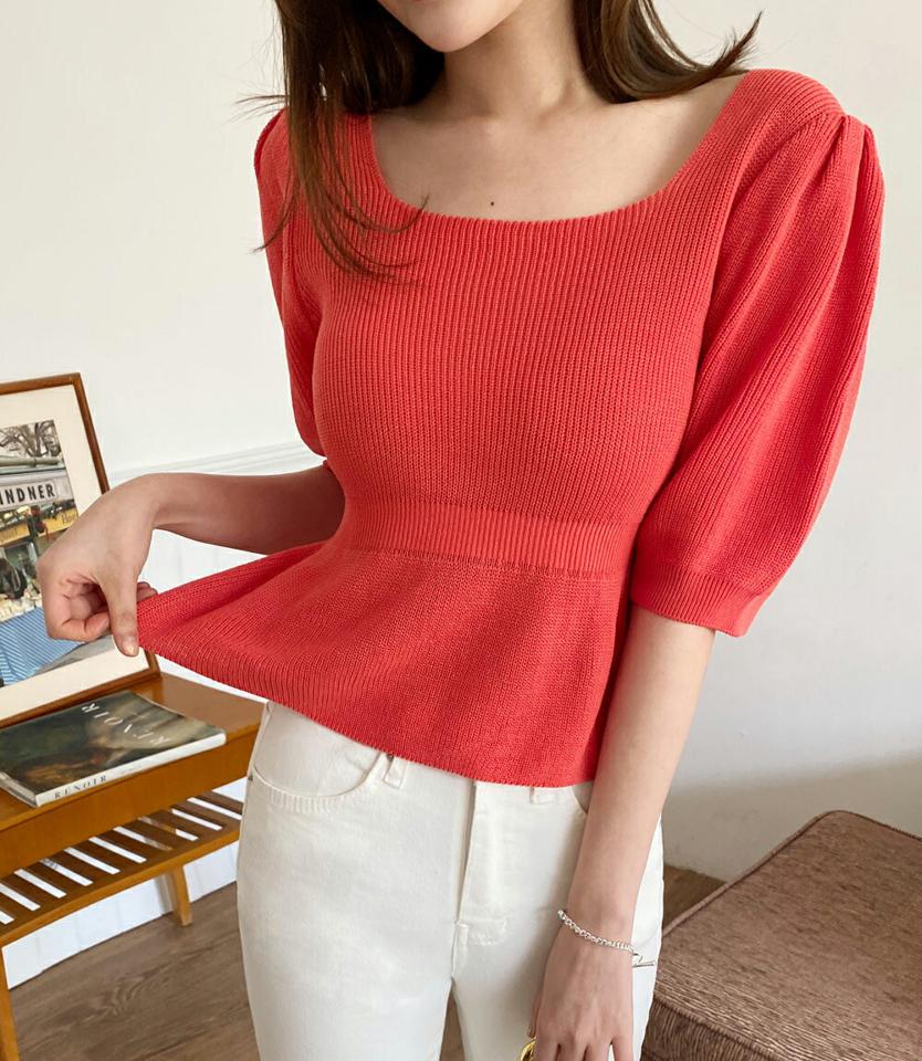 スクエアネックパフ半袖ニット・全3色・t00570 レディース 【tops】韓国ファッション サマーニット トップス ニット 半袖 スクエアネック パフスリーブ クロップド丈 デコルテ ペプラム 無地 シンプル フェミニン カジュアル デイリー 紫 夏 春 秋